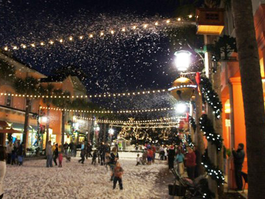 Now Snowing snowfall in downtown Celebration Florida